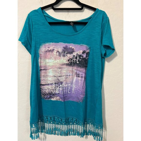 Style & Co Turquoise Sz M Fringe Detail Cover Up T Shirt Wake Me Up For Summer - Picture 2 of 8
